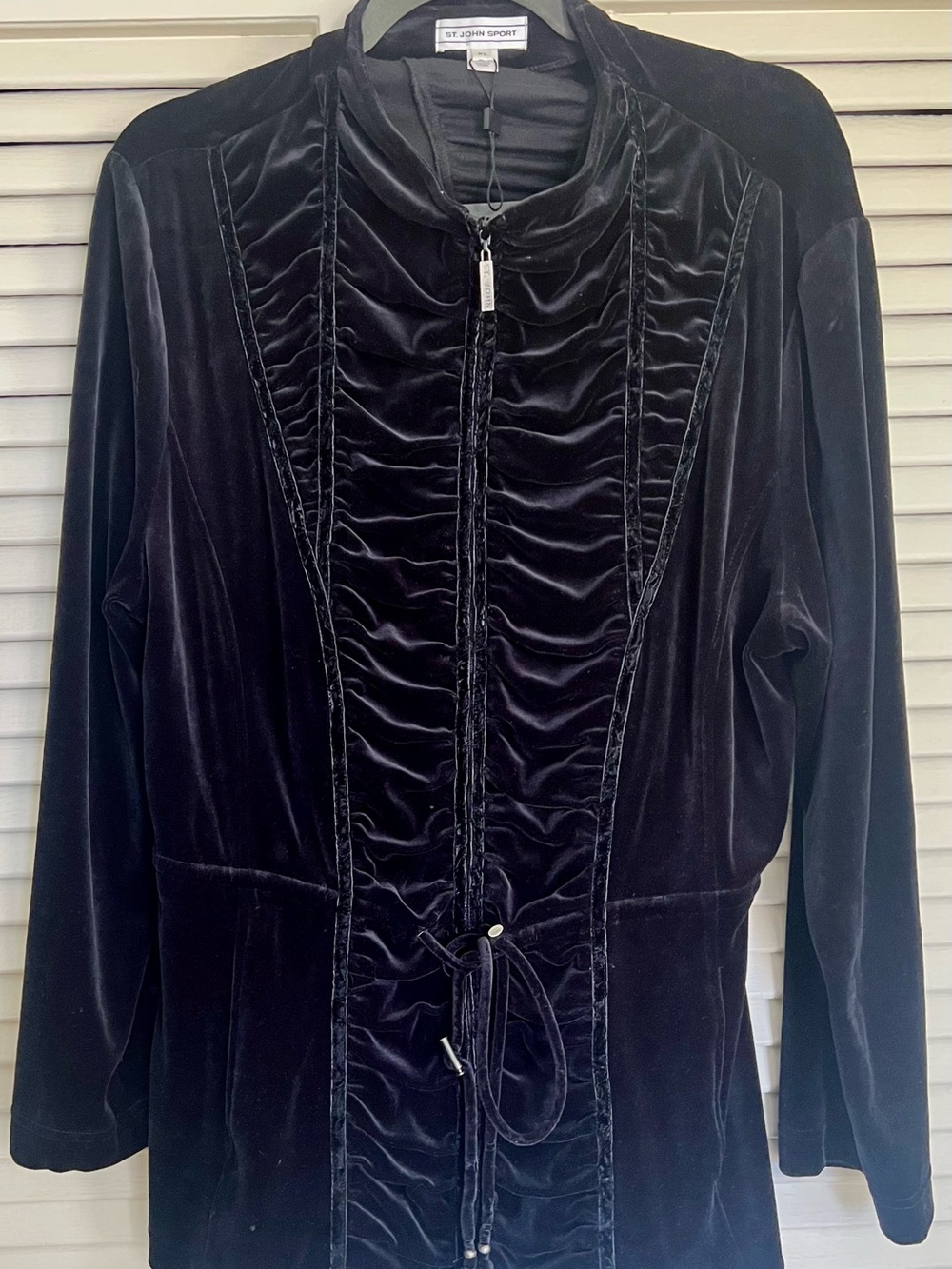 St. John Black Velvet Ruched Zip-Front Bomber Jacket